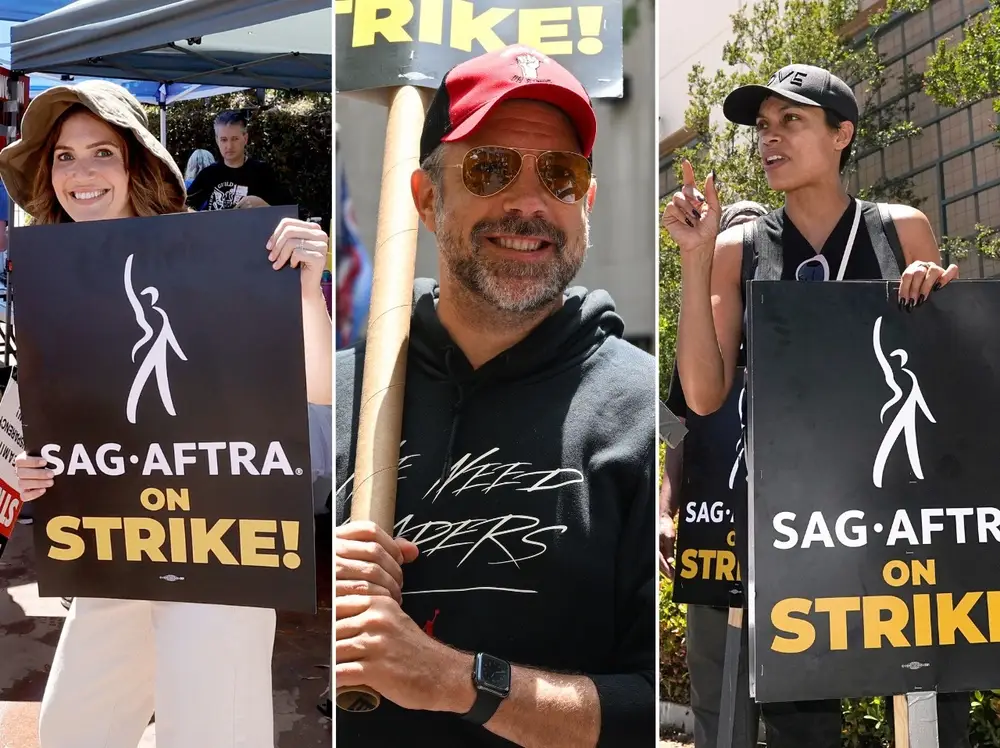 Mandy Moore, Jason Sudeikis and Rosario Dawson -- march for SAG-AFTRA