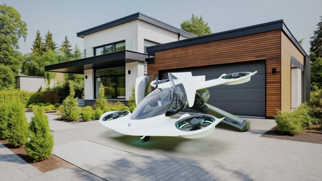 Futuristic flying car parked in the driveway of a modern house with a sleek wooden and glass exterior.